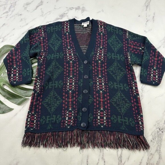 Avon Style Womens Vintage Cardigan Sweater Plus Size 1x Blue Red Blanket Woven - Picture 1 of 12